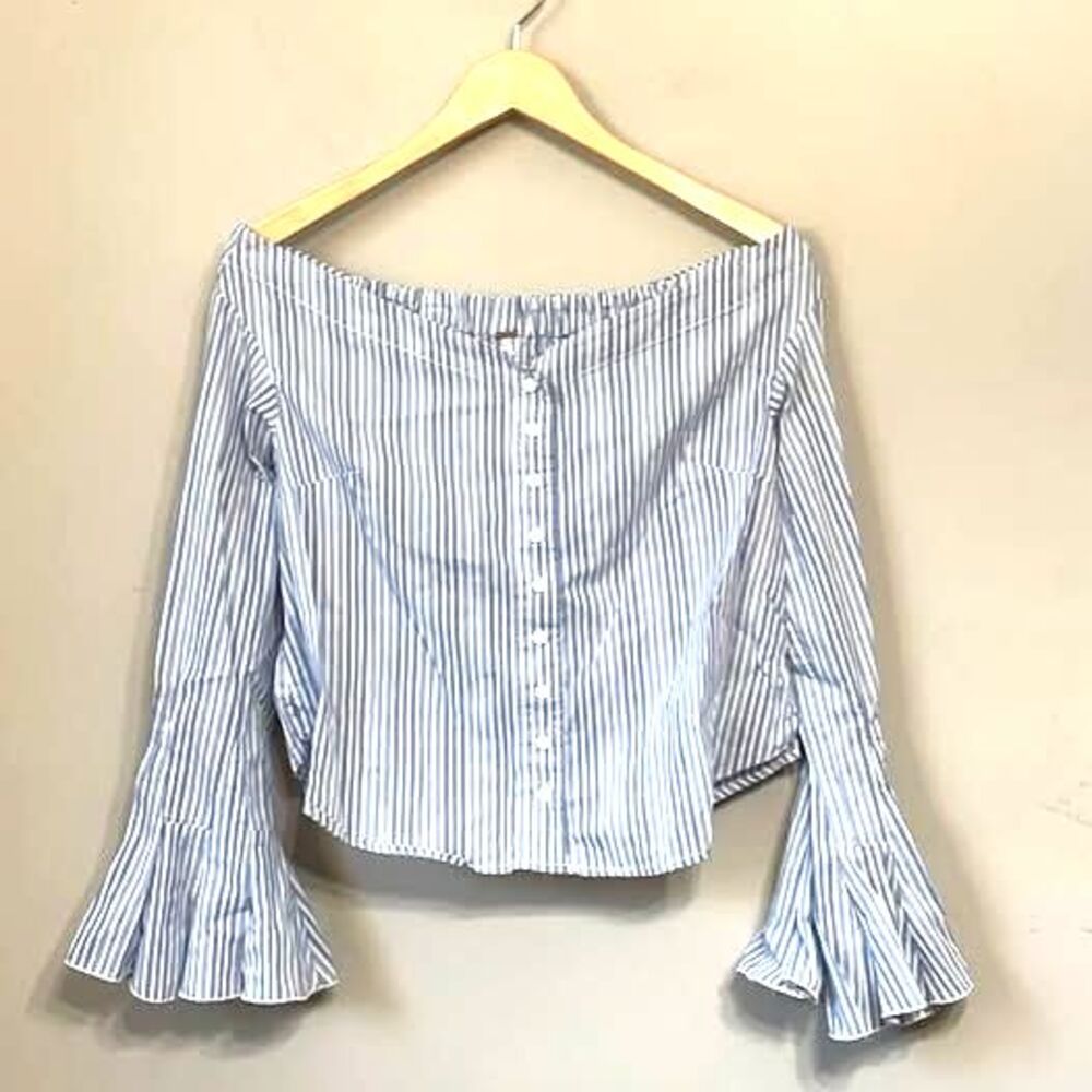 Free People NWOT Blue White Striped Off Shoulder Bell Sleeve Button Down Top XS